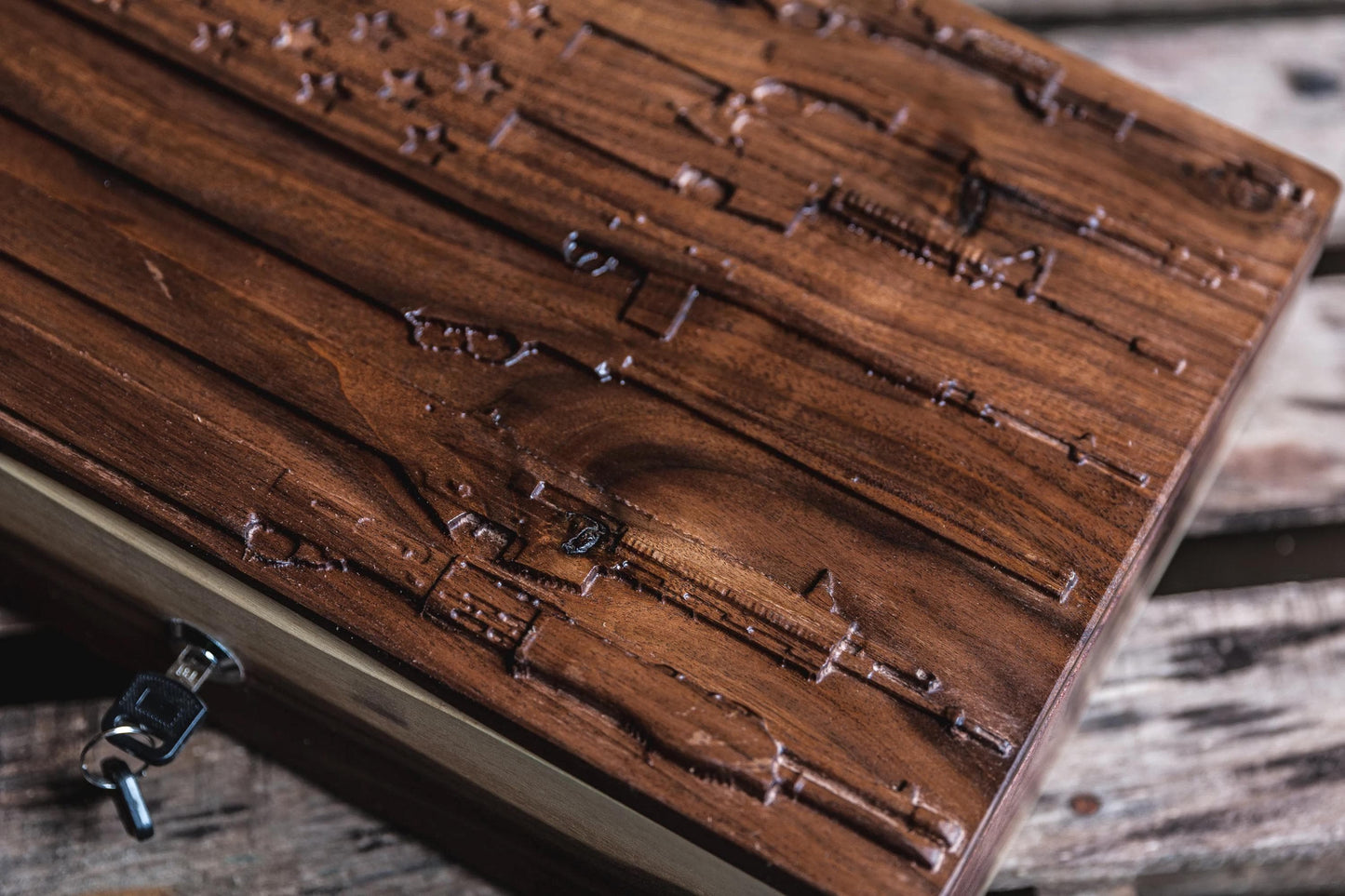 Unique Handmade Walnut Gun Case with 3D Relief Carved Lid