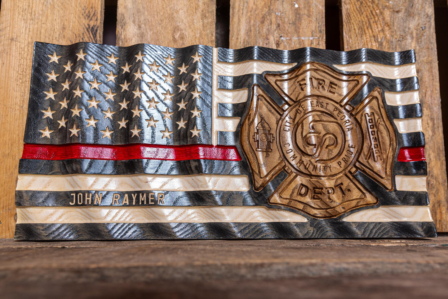 Personalized Firefighter Gift, Thin Red Line Flag with Custom Emblem, Unique Handmade Gift