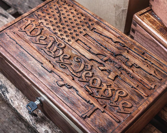 Custom walnut keepsake concealment box with optional lock and foam inserts. Pistol display case.