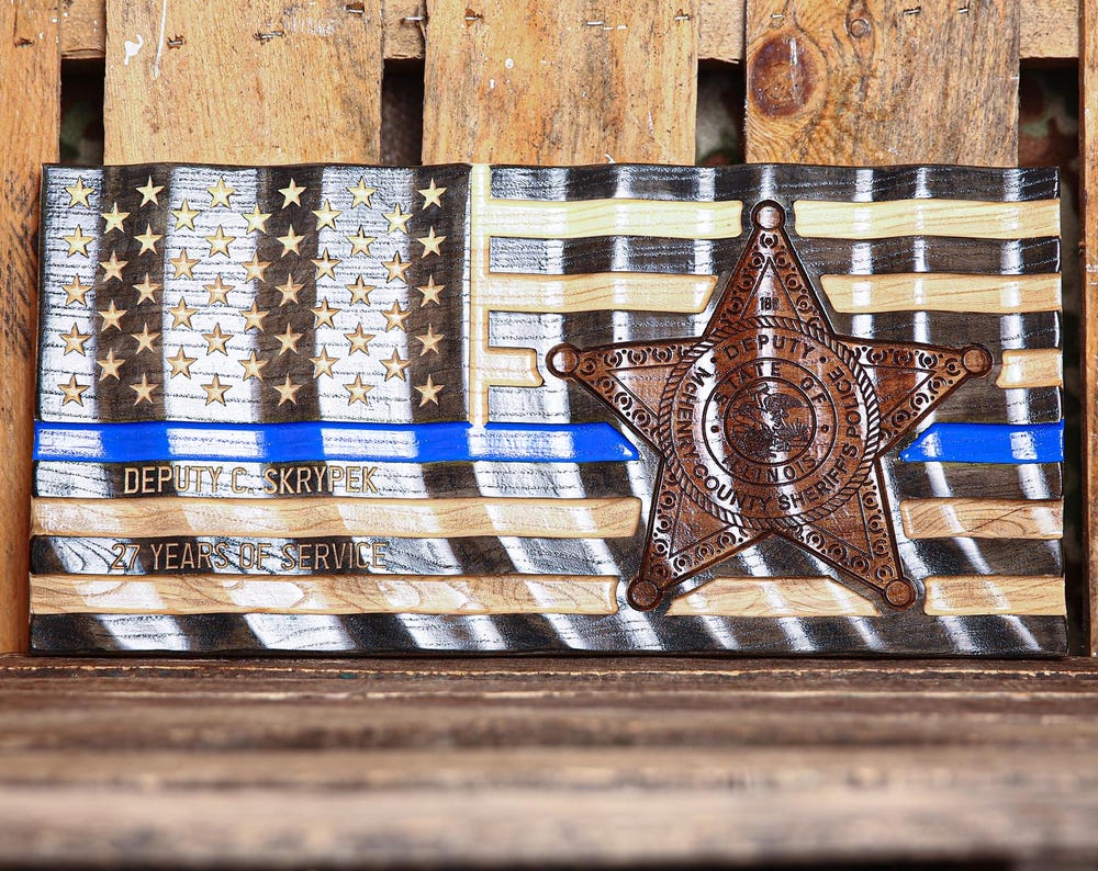 Personalized solid hardwood wavy American Thin Blue Line Police Flag with custom engraved badge. Made by MrGoodWoodCNC